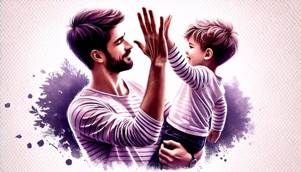 Vater und Sohn feiern einen Erfolg mit einem High Five: Loben ist die wichtigste moderne Erziehungsmethode
