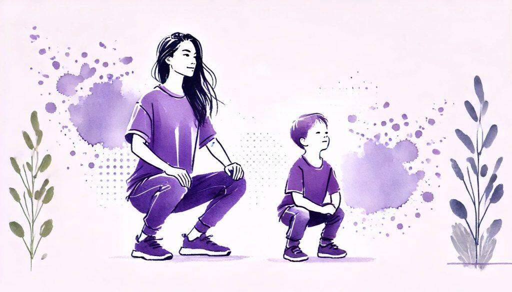 Mutter und Sohn trainieren gemeinsam und lernen durch Beobachtung: Bewusst Vorbild sein und Lernen durch Nachahmung ist eine moderne Erziehungsmethode