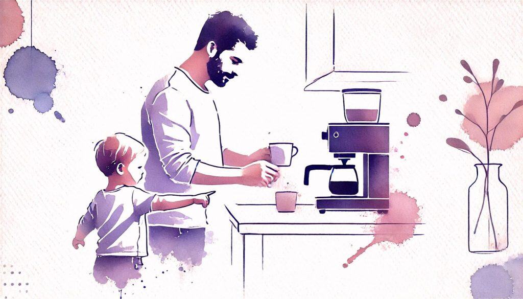 Ein Vater kocht Kaffee, während sein Kind aufmerksam zusieht. Das Bild veranschaulicht, wie Kinder durch Nachahmung positive Handlungen und Verhaltensweisen aufnehmen. Der Text ermutigt Eltern, solche Momente bewusst zu machen und so durch ihr Vorbild einen positiven Einfluss zu nehmen.