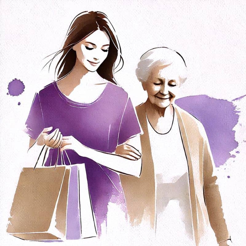Eine junge Frau hilft einer älteren Frau, ihre Taschen zu tragen. Dieses Bild zeigt ein Beispiel für positives Verhalten, das durch Lernen durch Nachahmung erlernt werden kann. Kinder und Jugendliche beobachten solche Situationen und können sie in ihr eigenes Verhalten übernehmen.