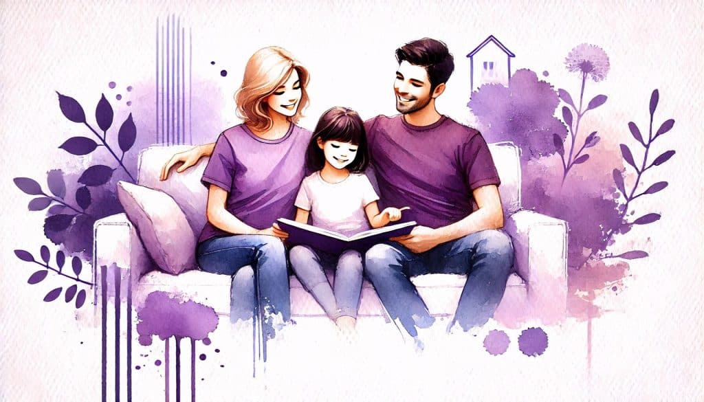 Familie auf einem Sofa, Eltern und Kind lesen gemeinsam, fröhliche Familienzeit, liebevolle Elternschaft, kindgerechte Aktivitäten, Eltern-Kind-Bindung.