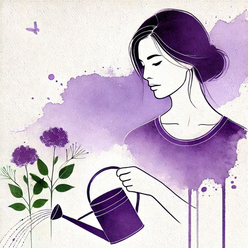 Wasserfarben Bild: Frau gießt Blumen. Damit gibt sie unerwünschtem Verhalten wenig negative Aufmerksamkeit.