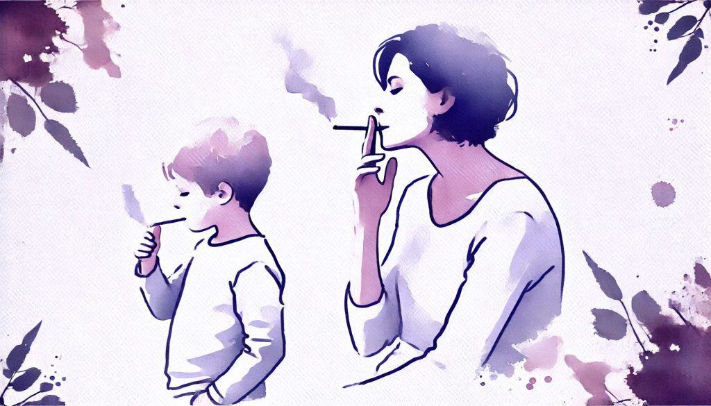 Eine Mutter raucht, während ein kleines Kind daneben ebenfalls eine Zigarette imitiert, was die negativen Auswirkungen von schlechtem Vorbildverhalten deutlich macht. Dieses Bild veranschaulicht, wie Kinder durch Lernen durch Nachahmung schädliche Verhaltensweisen übernehmen und wie wichtig es ist, sich der eigenen Rolle bewusst zu sein.