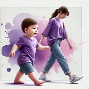Grafik eines großen Mädchens, das im Hintergrund läuft, während ein Baby im Vordergrund seine ersten Schritte macht – eine Darstellung dafür, wie wichtig es ist, Kinder für jeden Fortschritt zu loben, um sie langfristig zu stärken.