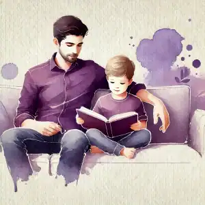 Vater und Sohn sitzen zusammen auf einem Sofa und schauen ein Buch an – ein Moment der Verbundenheit, der zeigt, wie Lob und gemeinsames Tun Kinder in ihrer Entwicklung und Kooperation unterstützen können.