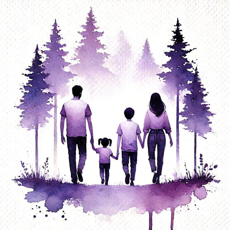 Familie mit Eltern und Kindern im Wald, liebevolle Familienzeit, Naturerlebnis, elternschaft, Kindererziehung, gemeinsames Familienabenteuer.