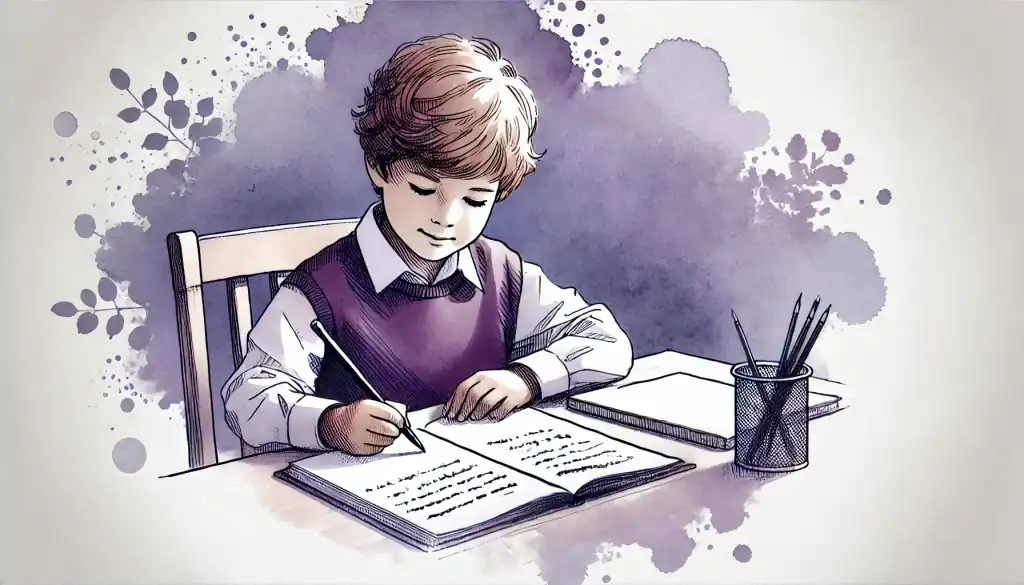 Kinder loben, Kind macht Hausaufgaben, digitale Aquarellillustration, Konzentration und Selbstständigkeit