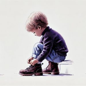 Kind loben, Kind zieht Schuhe an, von hinten, digitale Aquarellillustration, Selbstständigkeit
