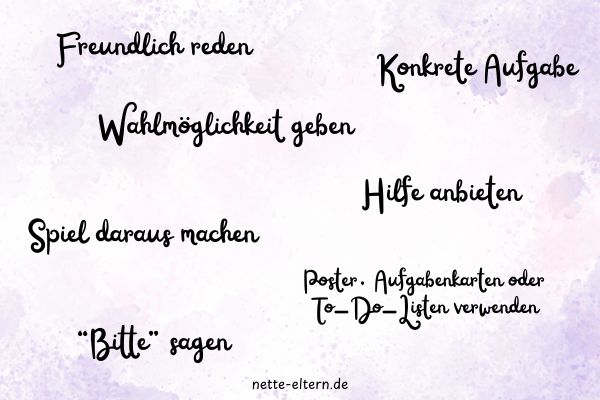 Strategien, um die Kooperation bei Kindern zu fördern: „Freundlich reden“, „Konkrete Aufgabe“, „Wahlmöglichkeit geben“, „Hilfe anbieten“, „Spiel daraus machen“, „Bitte sagen“ sowie „Poster, Aufgabenkarten oder To-Do-Listen verwenden“.