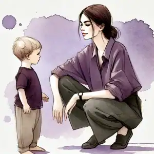 ine Frau beugt sich lächelnd zu ihrem kleinen Sohn herunter. Szene aus einem Rollenspiel mit Kindern, in dem eine Woche lang täglich geübt wird, um ein bestimmtes Verhalten zu festigen.
