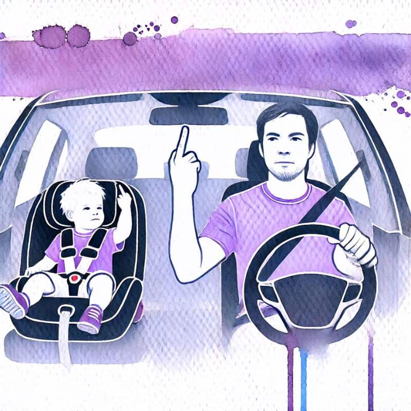 Ein Vater fährt Auto und zeigt den Stinkefinger, während sein Kleinkind auf dem Beifahrersitz die Geste nachahmt. Dieses Bild veranschaulicht das Prinzip des Lernen durch Nachahmung, bei dem Kinder Verhaltensweisen von Erwachsenen kopieren.