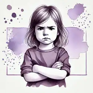 Ein kleines Mädchen schaut wütend. Im Kontext von Rollenspielen mit Kindern wird hier ein "ruhiger Wutanfall" geübt, bei dem das Kind lernt, seine Wut ohne Schlagen oder Schreien auszudrücken.