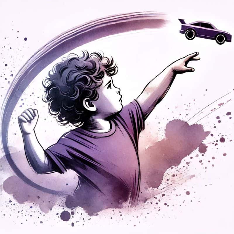 Spielender Junge mit Auto, kreative Kinderzeichnung, fantasievolles Bild für Eltern und Kinder, kindliche Kunst, kreative Kindheitserinnerungen.