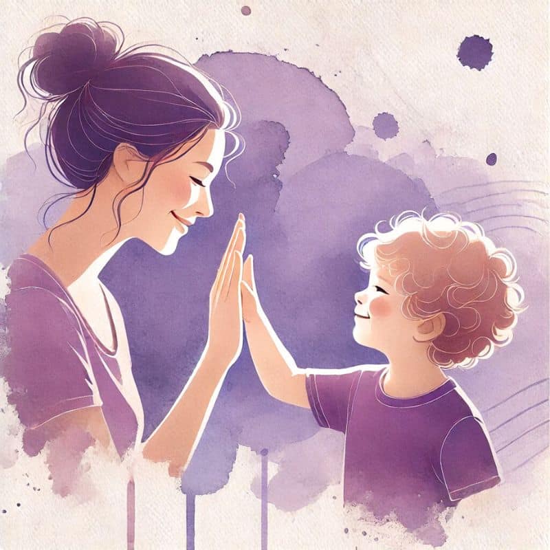 Nette Eltern, liebevolle Mutter und Kind High-Five, Werte, Zusammenhalt, Familienzeit, Erziehung, positive Eltern-Kind-Beziehung, Glücksmomente.