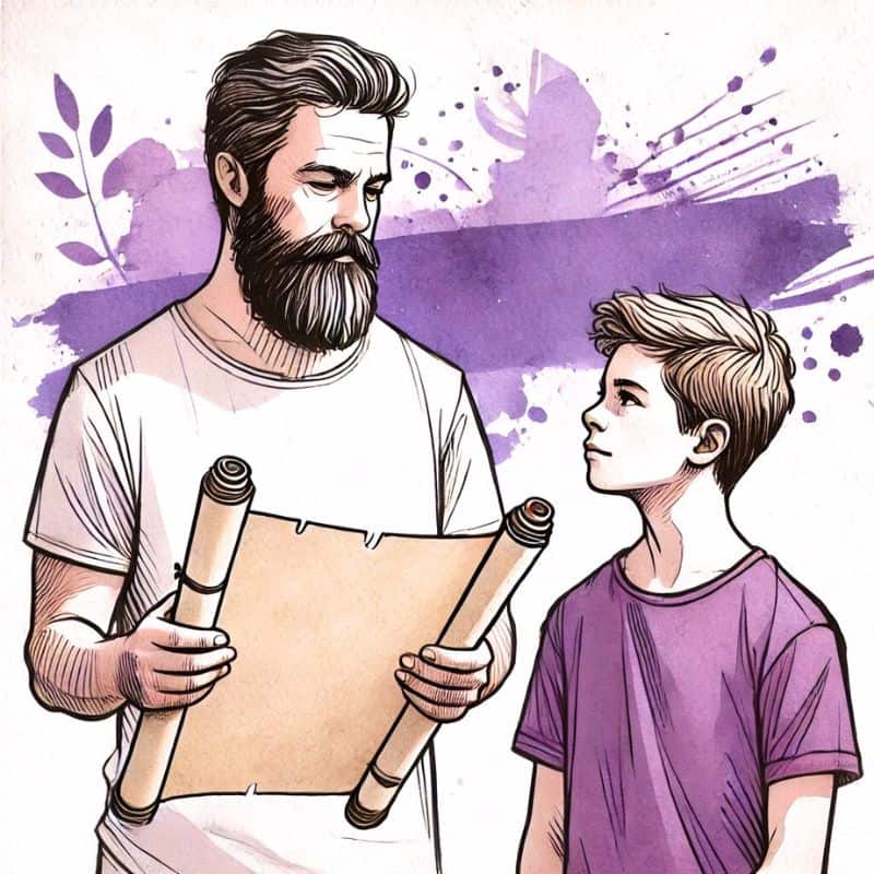 Abenteuerliche Vater-Sohn-Geschichte mit Karte und Rollen, kreative Familienszene, Eltern-Kind-Kommunikation, Nette Eltern, Familienalltag.