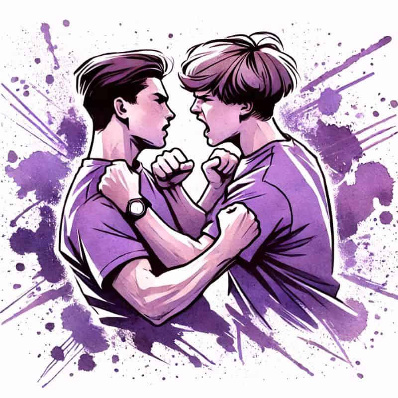 Kampftechnik zwischen zwei jungen Männern, symbolisiert Streit oder Konflikt, kreative Comic-Style Illustration, ideal für Themen über Konfliktlösung oder emotionale Auseinandersetzungen.