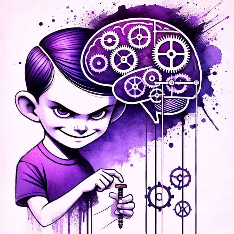 Illustration eines Jungen mit bösem Blick, der an stilisierten Schrauben im Gehirn dreht. Symbolisiert Manipulation und Einflussnahme.