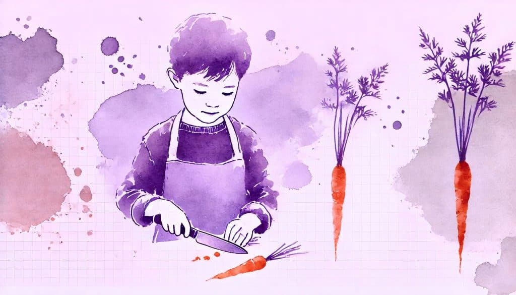 Positive Parenting mit Babyschritten – Kind wird bei kleinen Fortschritten, wie Karottenschneiden, gelobt.