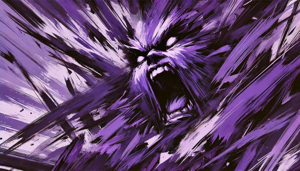 Wütendes Gesicht in digitaler Kunst, aggressive Illustration mit violellen Farbtönen.