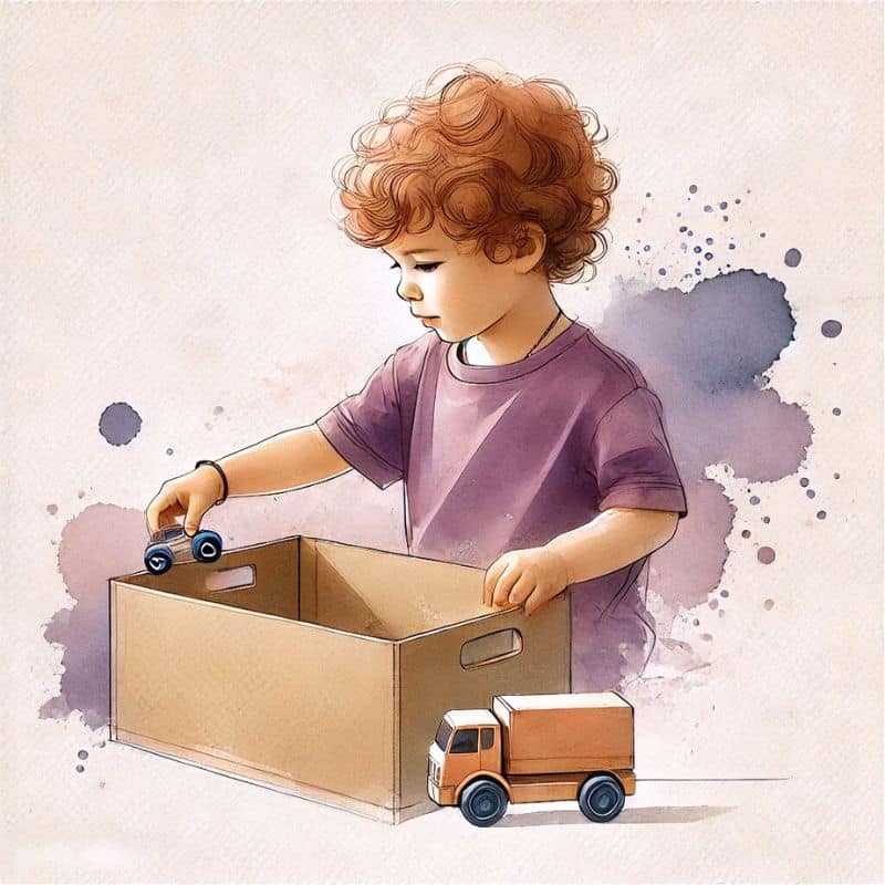 Spielendes Kind mit Spielzeugautos und Pappkarton, kindgerechte Spielsituation, Loslassen, Kreativität und Spielspaß.