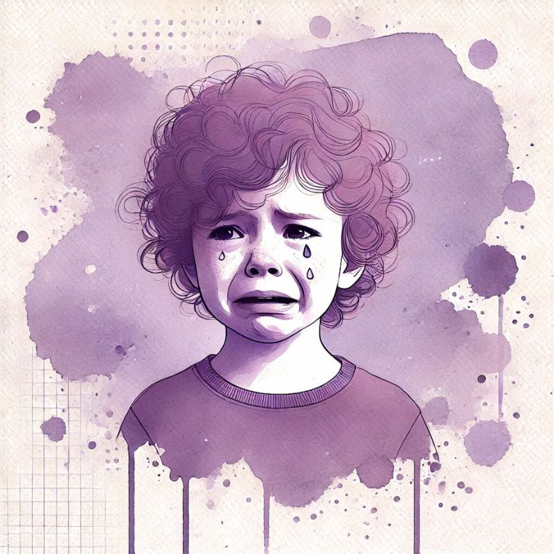 Trauriges kind mit weinenden augen, große tränen, emotionale kinderzeichnung, kindlicher stil, representation von kindergelöstheit und trauer.