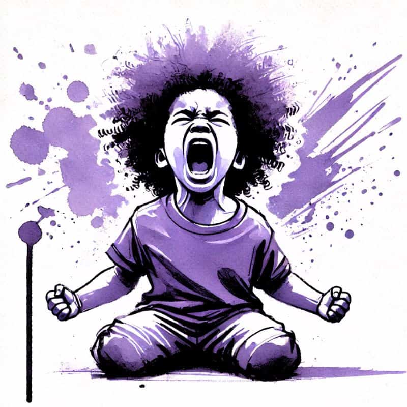 Schreiendes Kind mit Afro-Haar, Wut, Frustration, emotionale Reaktion, Kindererziehung, stressige Situationen, kreative Illustration, kindliche Emotionen, Cartoon-Stil.