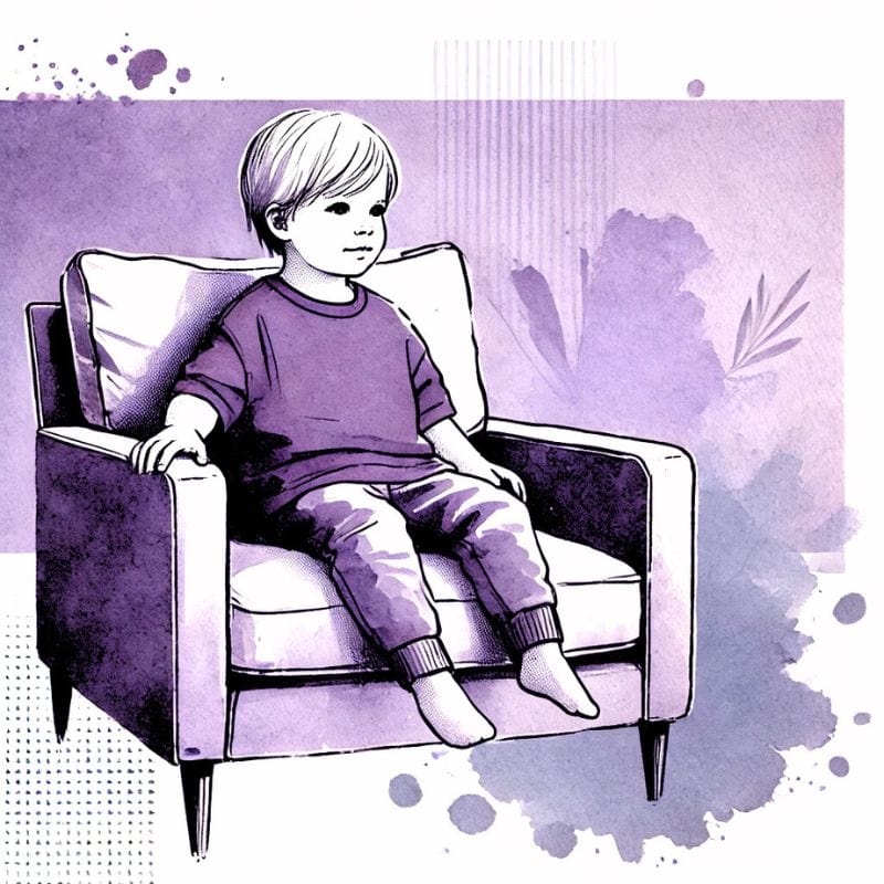 Kindersitzstuhl mit kindlicher Illustration, pink und lila Wasserfarbenstil für Elternratgeber.