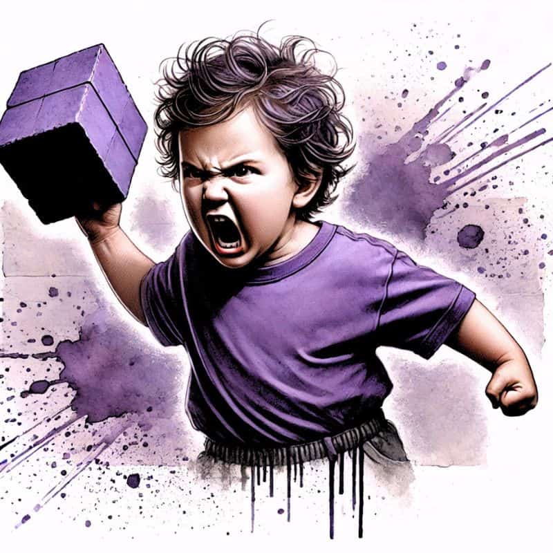 Wütendes Kind schimpft mit Tetris-Block, Illustration im Comicstil, Ausdruck von Wut und Frustration, kreative Kinderzeichnung, Fokus auf Kindererziehung und Emotionen.