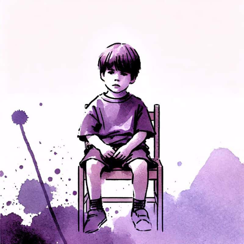 Kindergesicht in Aquarellstil, sitzend auf einem Stuhl, emotional, kindliche Illustration, kindliche Gefühlswelt, Kinderzeichnung, kindliche Kunst, kindliche Illustration, kindliche Emotionen, kindliches Gemälde, kindliche Kreativität.