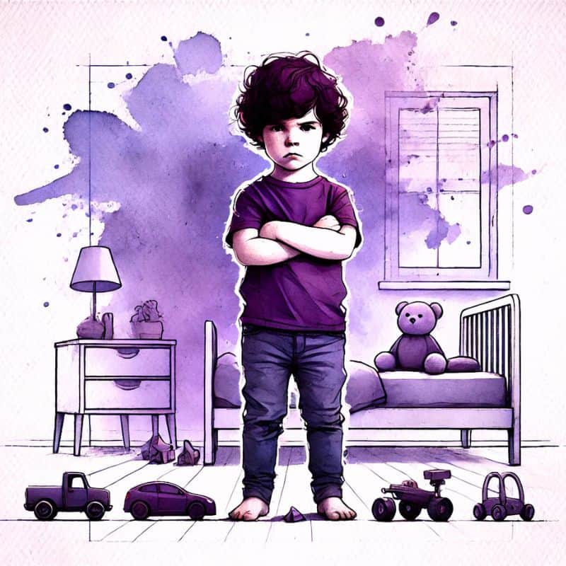 Verärgerter Junge im Kinderzimmer, kindliche Wut, Wohnraum für Kinder, Kinderzimmer mit Spielzeug und Teddy, kindgerechte Umgebung für Eltern und Kinder.