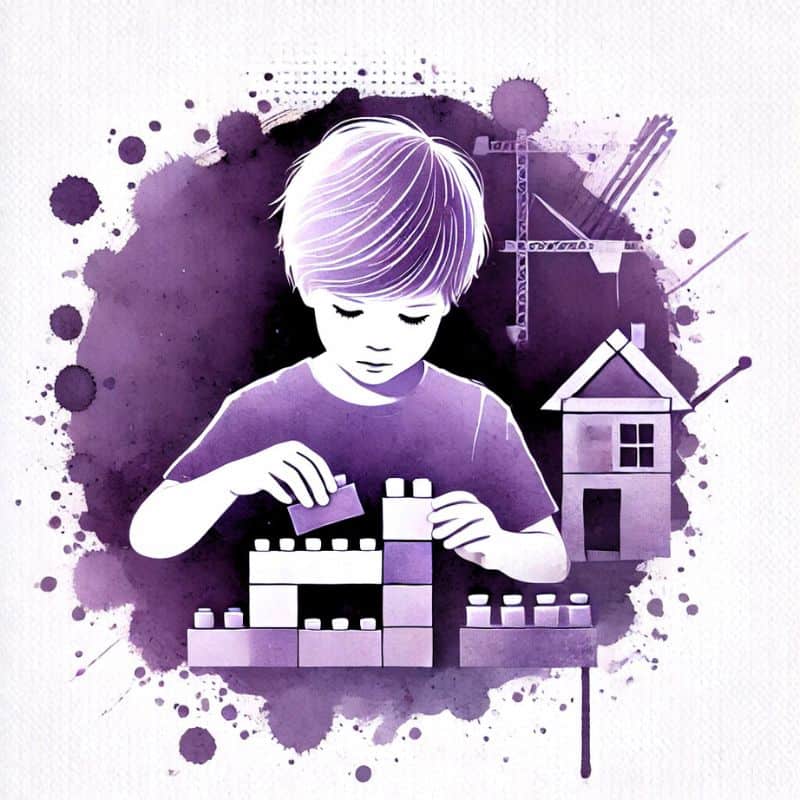 Kleines Kind spielt mit Bauklötzen, symbolisiert kindliche Entwicklung und kreatives Spielen.