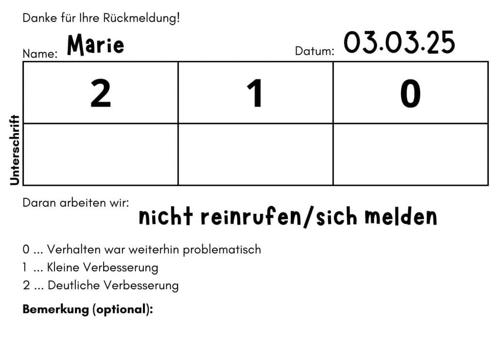 Nette Eltern Kinder-Notenblatt für Elternkommunikation, Bewertungssystem, Verbesserungsschritte.