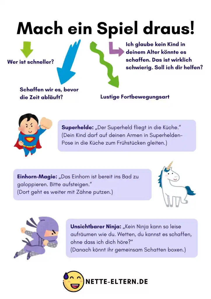 Mach ein Spiel drauf, wenn dein Kind nicht hört. Kinder lieben Spaß und Quatsch.