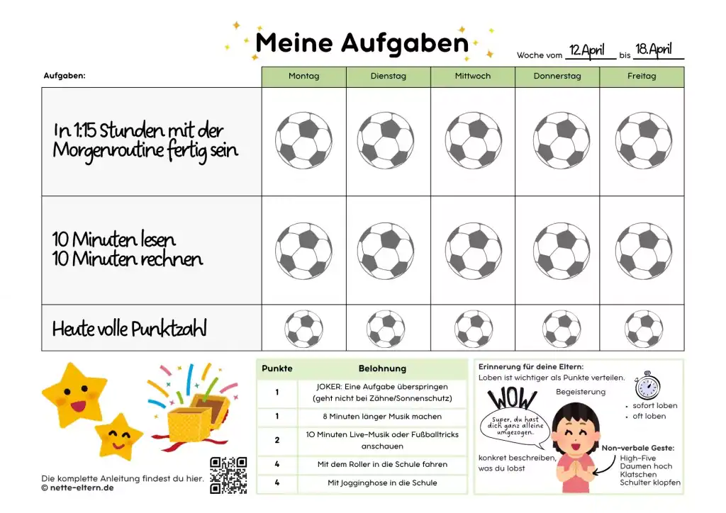 Beispiel für eine Belohnungstafel (Belohnungssystem) für einen 8 jährigen Jungen in der zweiten Klasse