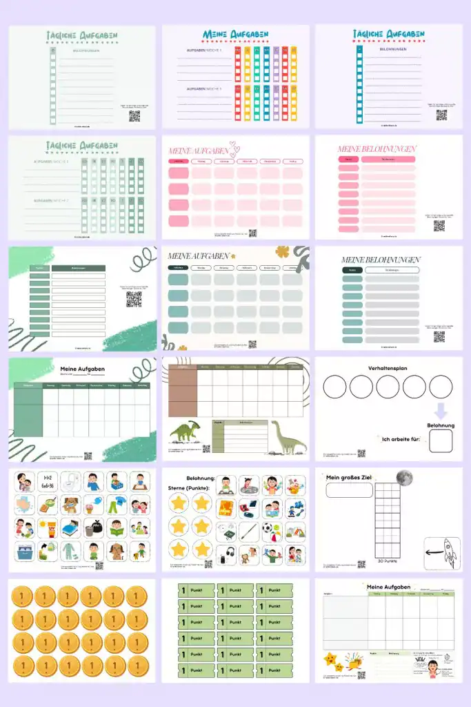 Kostenloser Download eines PDFs mit verschiedenen Belohnungstafeln und Belohnungssystemen für Kleinkinder, Kita-Kinder, Schulkinder und Teenager.